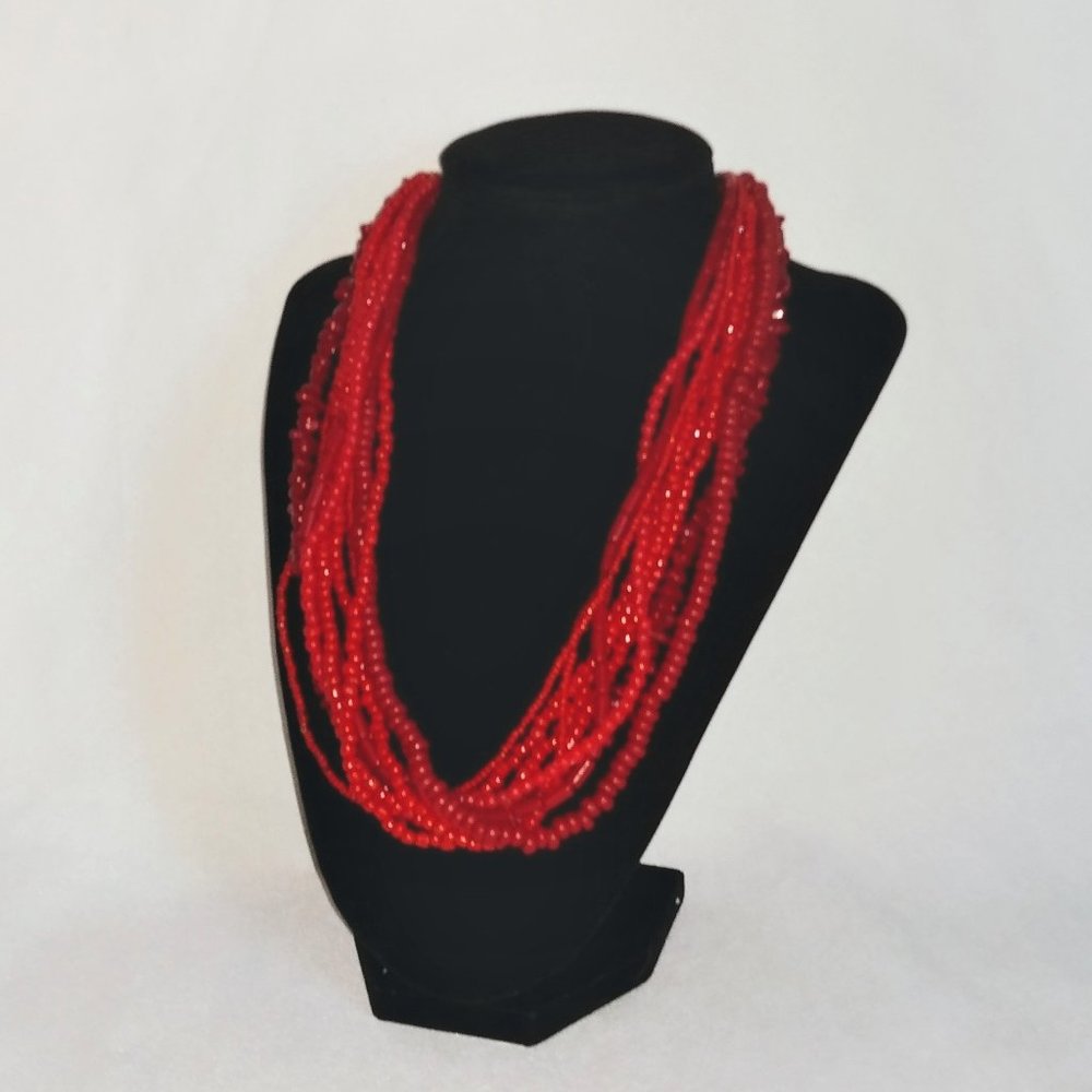 Red Multi-Strand Mixed Beads Choker-Chick/BOHO